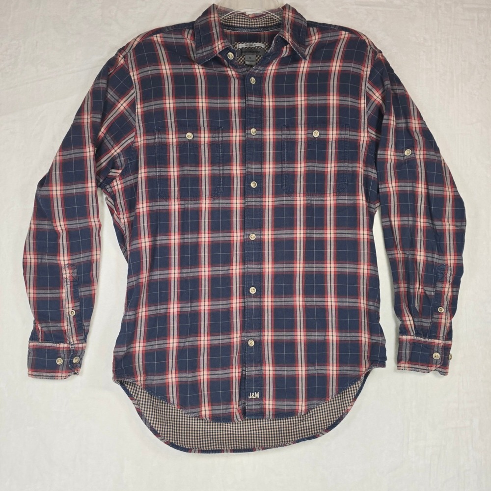 Johnston & Murphy Mens M Tailored Fit Plaid Shirt Navy Red Cotton Button Up